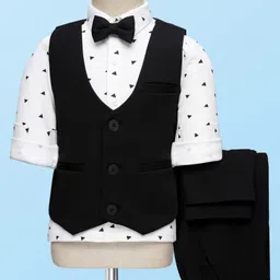 Babyhug Knit Full Sleeves Printed 3 Piece Party Suit With Bow - Black image 2