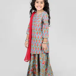 Babyhug Cotton Woven Three Fourth Sleeves Floral Printed Kurti Lehenga Set with Dupatta - Light Blue image 2