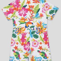 Spunkies Cotton Woven Half Sleeves Animals & Jungle Printed Jumpsuit - White image 3
