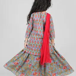 Babyhug Cotton Woven Three Fourth Sleeves Floral Printed Kurti Lehenga Set with Dupatta - Light Blue image 3