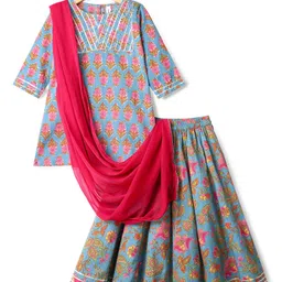 Babyhug Cotton Woven Three Fourth Sleeves Floral Printed Kurti Lehenga Set with Dupatta - Light Blue image 4