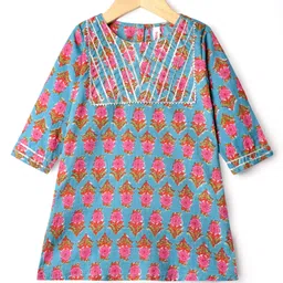 Babyhug Cotton Woven Three Fourth Sleeves Floral Printed Kurti Lehenga Set with Dupatta - Light Blue image 5