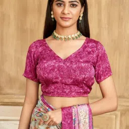 Satrani Pink Silk Crepe Floral Saree With Unstitched Blouse image 3