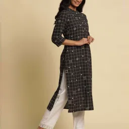 W Black Cotton Printed Straight Kurta image 5