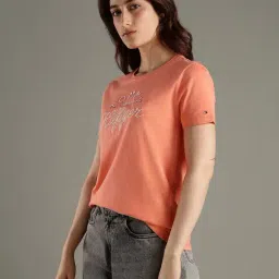 Tommy Hilfiger Orange Cotton Regular Fit Logo Printed T-Shirt image 3