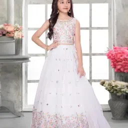 Ministitch Girls White Georgette Embroidery Lehenga Set image 1