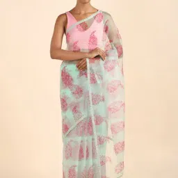 Taneira Green Floral Print Saree With Unstitched Blouse-image-28