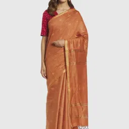 Fabindia Orange Silk Woven Saree Without Blouse-image-23