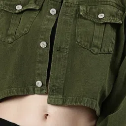 showoffff SHOWOFF Green Relaxed Fit Crop Denim Jacket image 5