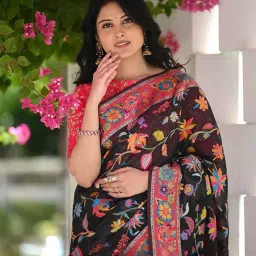 SHUBHKALA Black Silk Floral Print Saree With Unstitched Blouse image 5