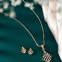 Peora Rose Gold Plated Contemporary CZ Rhombus Shape Stud Pendant & Earring image 2