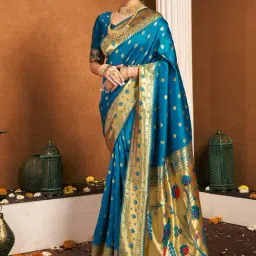 Satrani Blue Silk Woven Saree With Unstitched Blouse-picture-22