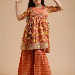 Jaipur Kurti Girls Orange Cotton Floral Suit Sets-picture-35