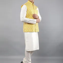Manish Creations Mandarin Collar Straight Kurta With Churidar And Nehru Jacket image 5