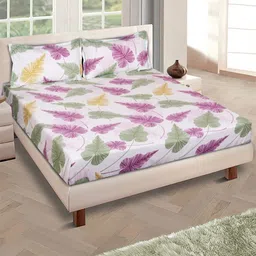 Myntra Elegant Homes Beige & Purple Floral 144 TC Queen Bedsheet with 2 Pillow Covers-image-41