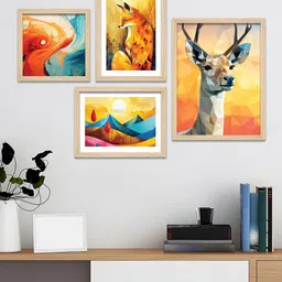 ArtVibes Yellow & Blue 4 Pieces Printed Wooden Paintings Wall Art image 3