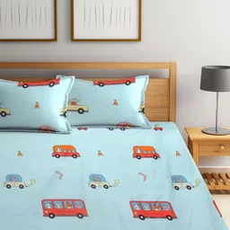 Aura Blue & Red Cartoon Characters Printed 300 TC King Fitted Bedsheet Set 2.50 m x 2.15 m image 2