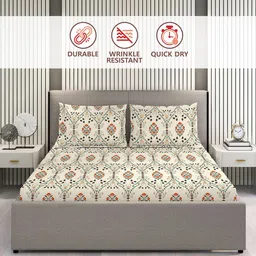 Layers White & Green Ethnic Motifs Printed Microfiber King Bedsheet Set 2.74 m x 2.74 m image 2