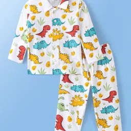 Doodle Poodle 100% Cotton Knit Full Sleeves Dino Printed Night Suit -White-picture-18