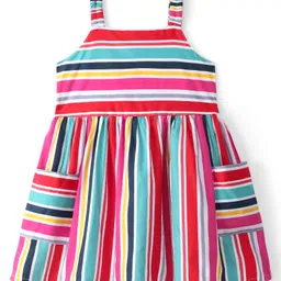 Babyhug 100% Cotton Poplin Woven Sleeveless Striped Frock - Multicolor-picture-20