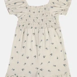 MINI KLUB Cotton Half Sleeves Floral Printed Smocked Dungaree - Beige-image-52