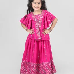 Babyhug Woven Half Sleeves Georgett Embroidered Choli Lehenga With Shrug Set - Fuschia-picture-11
