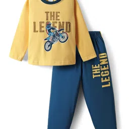 Taeko Single Jersey Knit Full Sleeves T-Shirt & Pant Set With Text Print - Light Yellow & Navy Blue-image-50