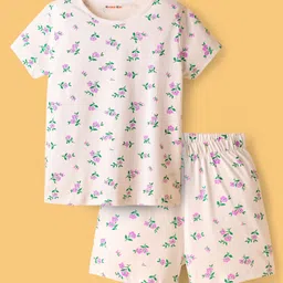 Kookie Kids 100% Cotton Half Sleeves Floral Printed Co-Ord Shorts Night Suit - White-image-67