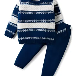 Babyhug Knitted Full Sleeves Striped Sweater Set - Navy Blue-picture-16