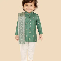 ETHNIKS NEURON Chanderi Woven Full Sleeves Floral Foil Printed Kurta Pyjama Set With Dupatta - Green-picture-26