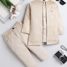 Fourfolds Woven Solid Sherwani Pant With Full Sleeves Floral Embroidered Jacket Set - Beige-picture-14