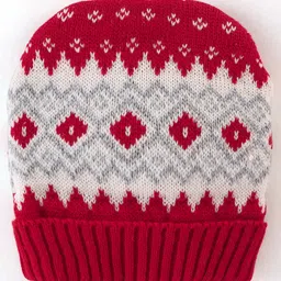 Babyhug 100% Acrylic Knit Woollen Cap - Red & Grey image 2