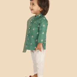 ETHNIKS NEURON Chanderi Woven Full Sleeves Floral Foil Printed Kurta Pyjama Set With Dupatta - Green image 4