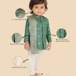 ETHNIKS NEURON Chanderi Woven Full Sleeves Floral Foil Printed Kurta Pyjama Set With Dupatta - Green image 5
