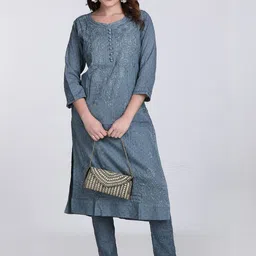 KHAKA Women Embroidered Chikankari Pure Cotton Kurta With Trousers Kurta Sets-image-71