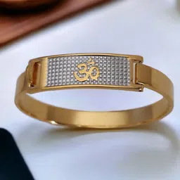 LAKSH Men Stainless Steel Gold-Plated American Diamond Studded Om Design Kada Bracelet-image-20