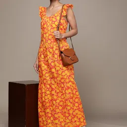 Label Ritu Kumar Orange & Coral Floral A-Line Cotton Maxi Dress image 4