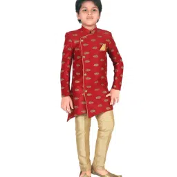 Ahhaaaa Kids Maroon & Gold Embroidered Kurta with Pajamas-picture-30