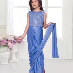 Ministitch Girls Blue Cotton Lycra Embroidery Saree With Blouse image 4