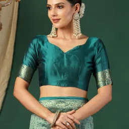 Satrani Green Silk Blend Woven Saree With Unstitched Blouse image 5