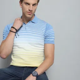 Monte Carlo Yellow & Blue Cotton Regular Fit Striped Polo T-Shirt image 5