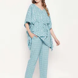 Clovia Blue Cotton Regular Fit Printed Top & Pyjama Set image 5