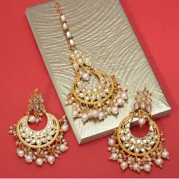 Zaveri Pearls Gold Tone Kundan & Pearls Dangle Earring & Maangtikka Set - ZPFK8537-picture-36
