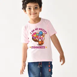 KNITROOT Half Sleeves I Am My Sister's Favourite Printed T Shirt - Pink-picture-27