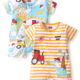 Babyhug 100% Cotton Knit Half Sleeves Romper With Dino Print Pack of 2  - Multicolor-picture-20