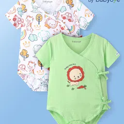 Babyoye 100% Cotton Woven Half Sleeves Onesies With Animal Print & Eco Jiva Finish Pack of 2 - Green & White-picture-30