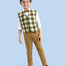 Babyhug Woven Full Sleeves Checkered 3 Piece Party Suit With Bow - Olive Green-image-62