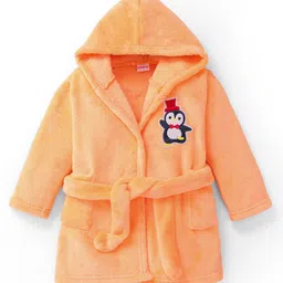 Babyhug Velour Knit Full Sleeves Hooded Bath Robe With Elastic At Waist & Penguin Patch - Light Orange-image-39