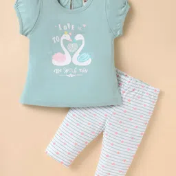 ToffyHouse Interlock Knit Half Puffed Sleeves Striped Night Suit with Hearts & Birds Print - Mint & White-image-29