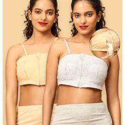 The Mom Store Cotton Pack Of 2 Sleeveless Solid Nursing Pumping Bras - Beige & Grey-picture-14